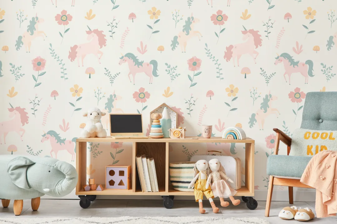 Pastel Unicorns and Flowers Repeat Pattern Wallpaper