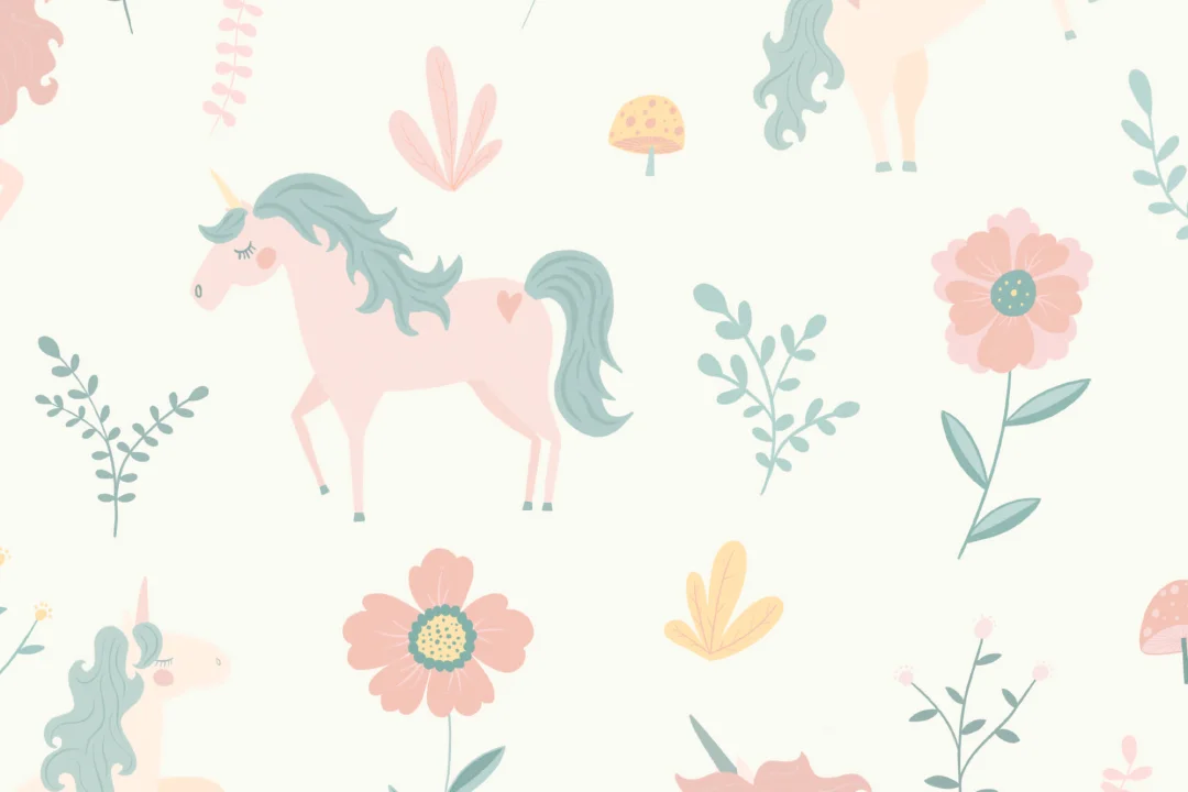 Pastel Unicorns and Flowers Repeat Pattern Wallpaper