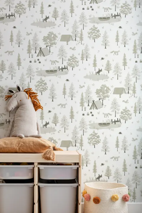Green Woodland Camping Repeat Pattern Wallpaper