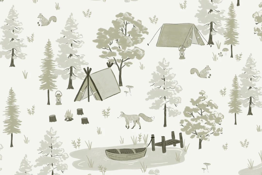 Papel Pintado Camping en el Bosque en Verde