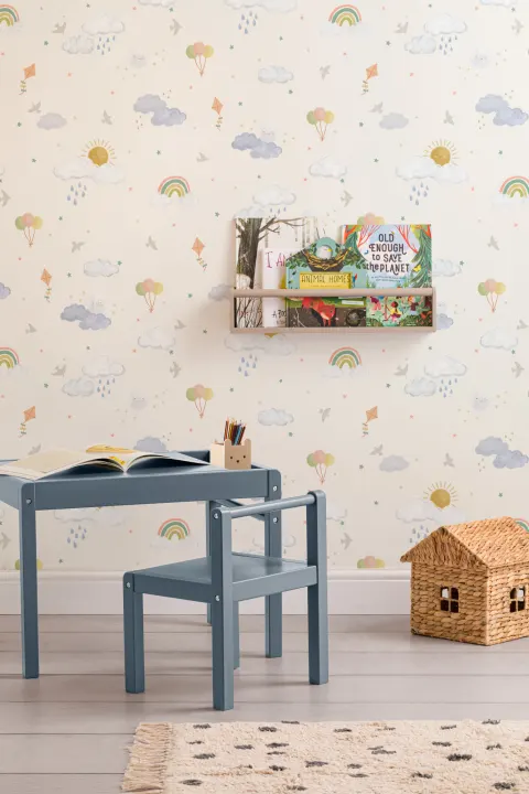 Hand Drawn Sun, Clouds & Rainbow Print Wallpaper