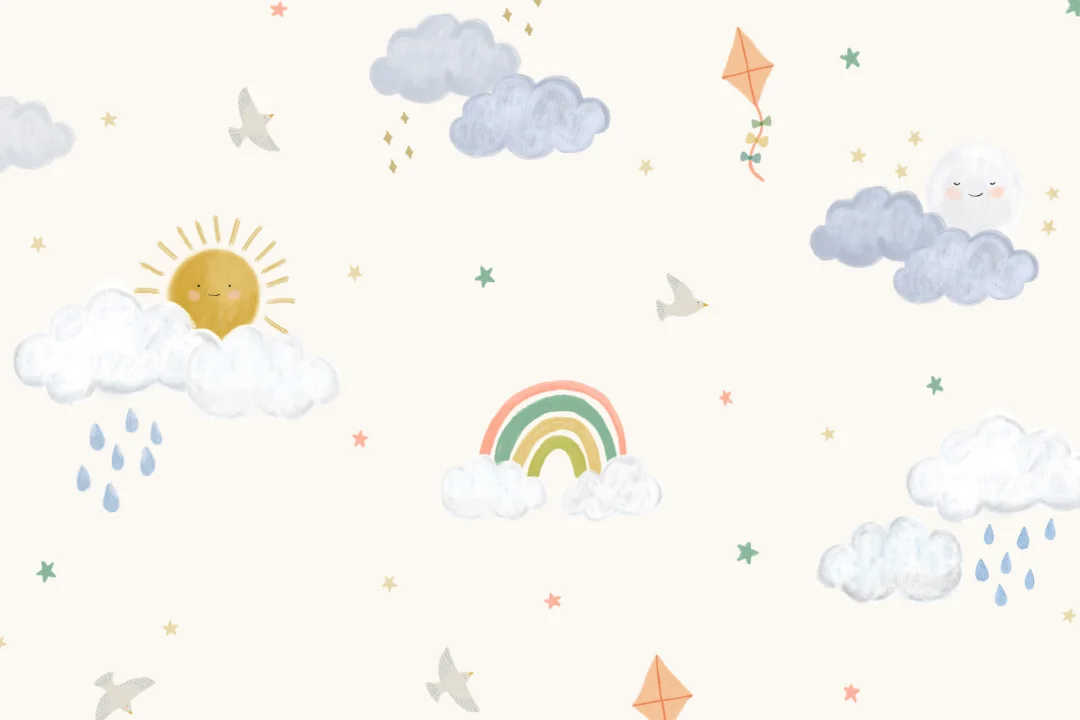 Hand Drawn Sun, Clouds & Rainbow Print Wallpaper