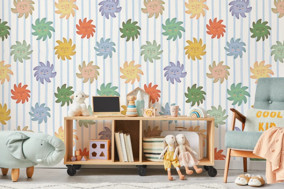 Multicolor Smiley Sunshines with Stripe Background Wallpaper