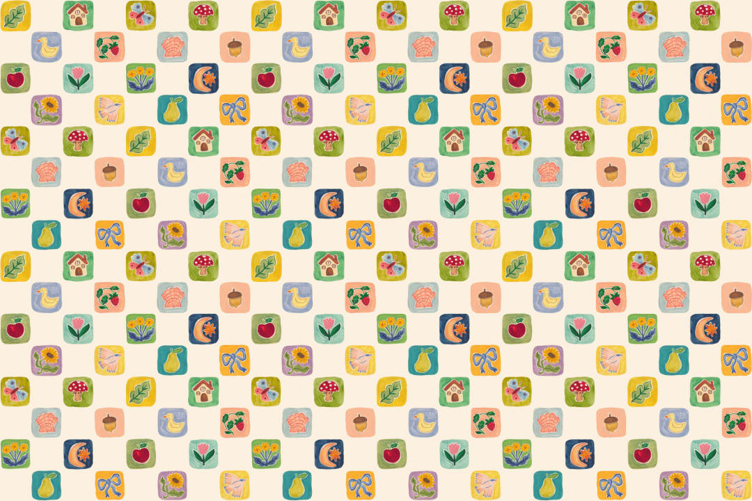 Mural infantil clásico de patchwork multicolor con motivos lúdicos