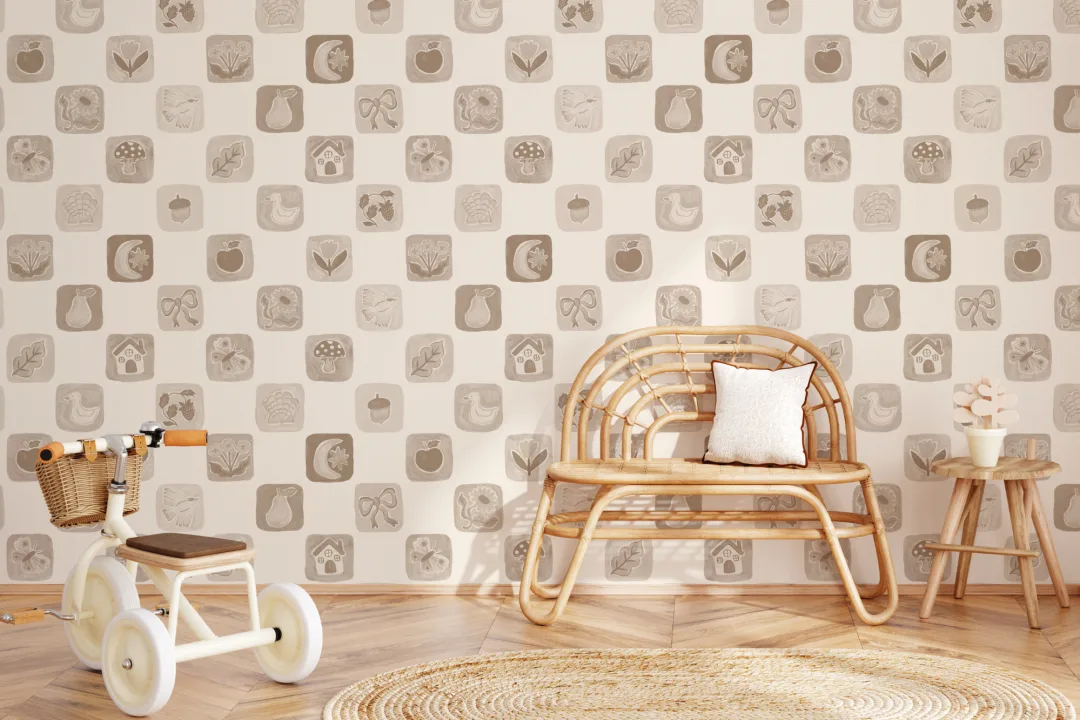 Mural de papel pintado infantil a cuadros beige