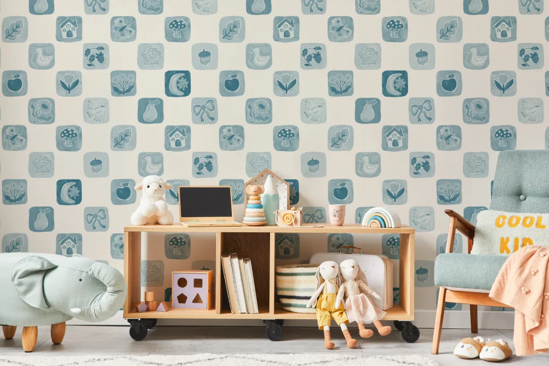 Mural de papel pintado a cuadros infantil Patchwork azul