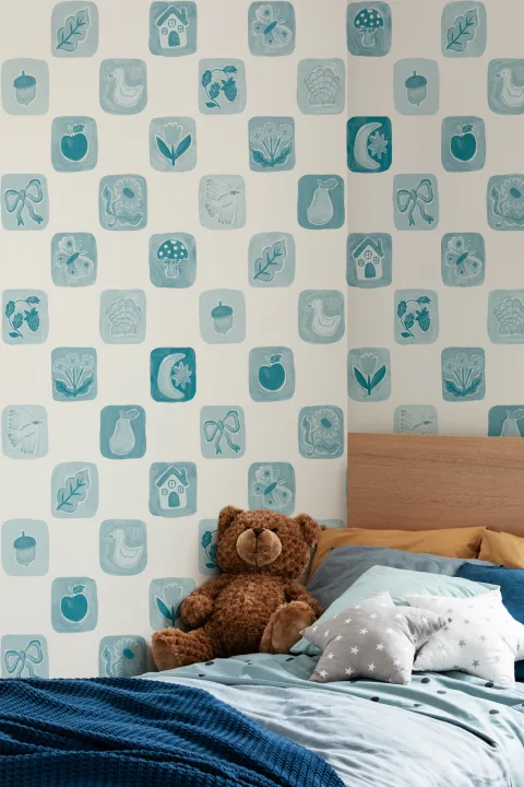 Blue Patchwork Kids' Checkered Mural