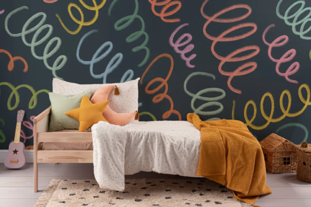 Mural Papel Pintado Infantil con Espirales de Crayón Coloridas Azul Marino