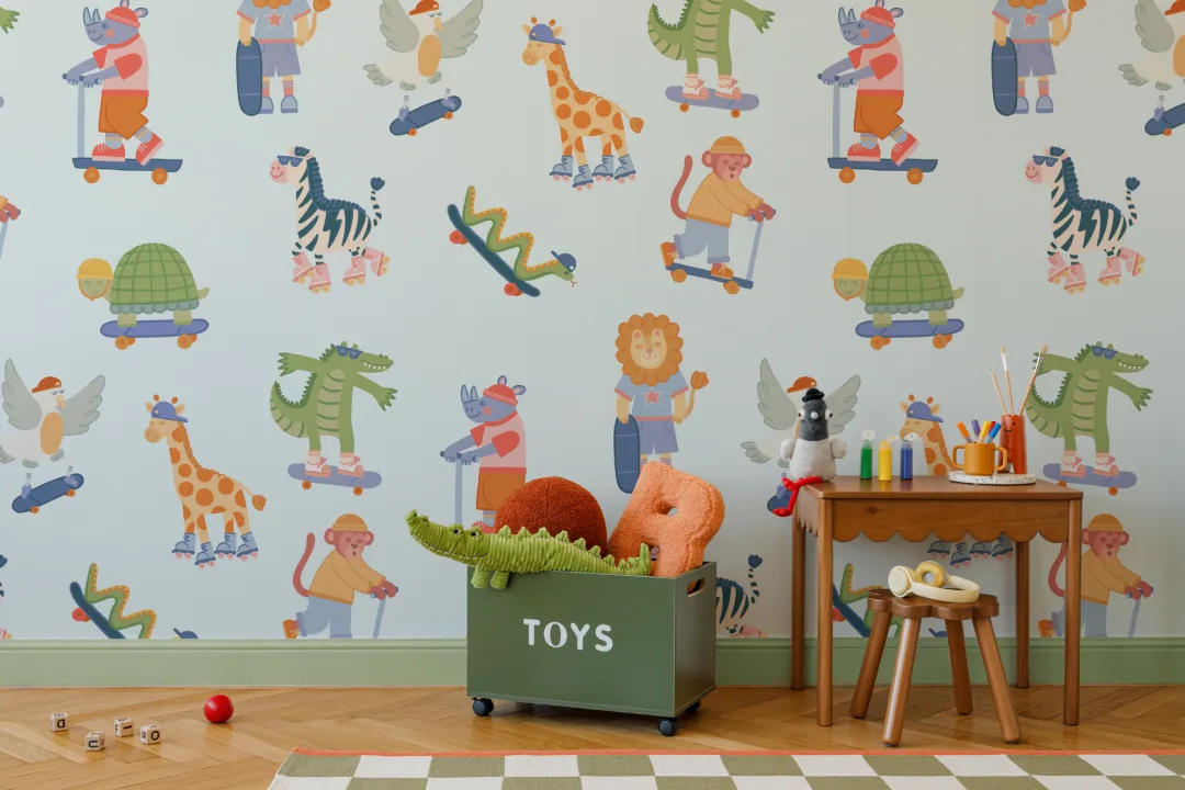 Mural infantil multicolor Aventura animal en monopatín