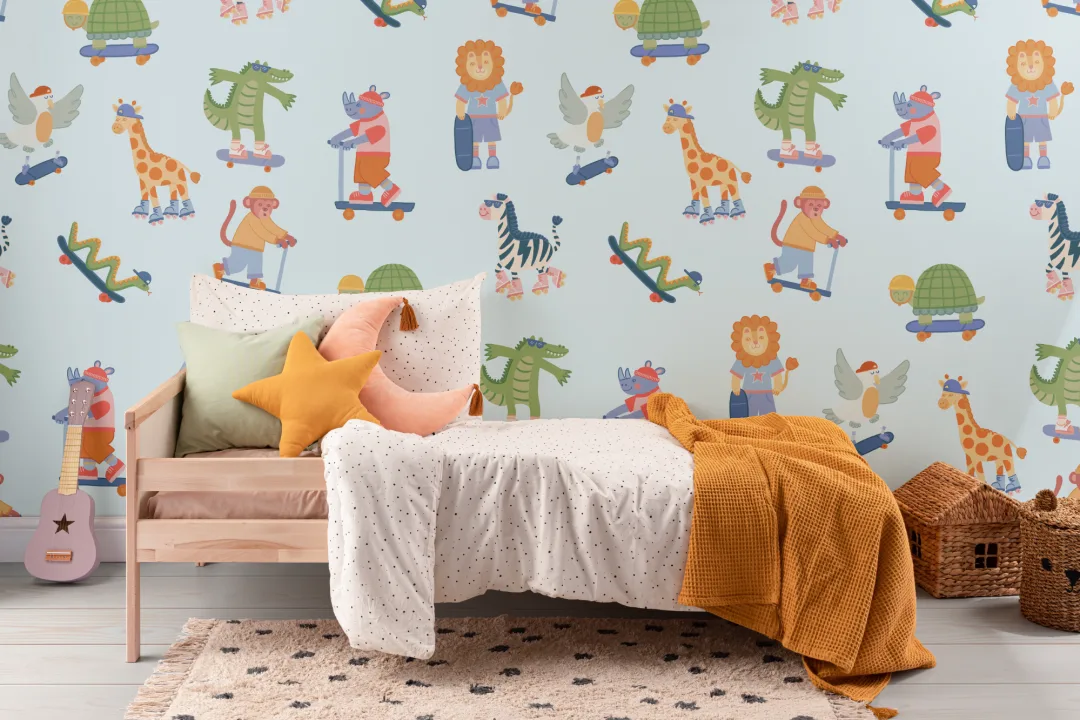 Mural infantil multicolor Aventura animal en monopatín