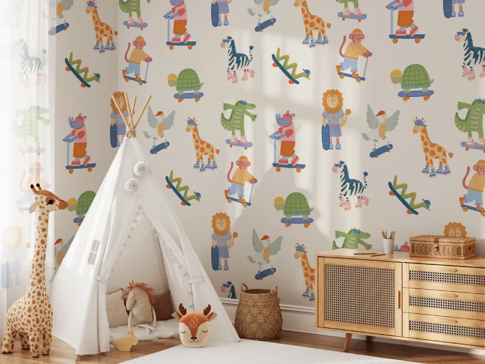 Mural infantil Playful Animals Skateboarding multicolor