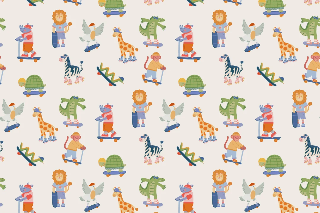 Mural infantil Playful Animals Skateboarding multicolor