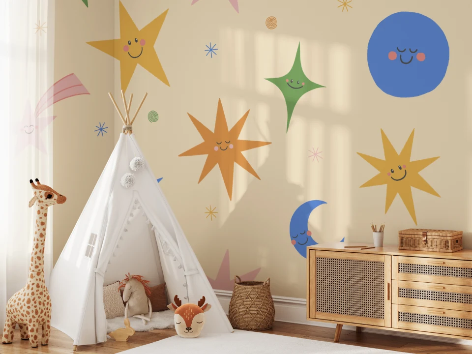 Murales de papel pintado de cielo celestial multicolor con caritas sonrientes para peques