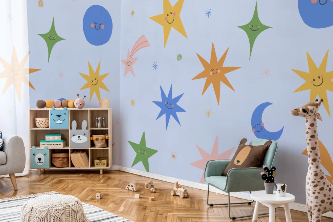 Design de mural Smiley Stars celestial azul-céu para crianças