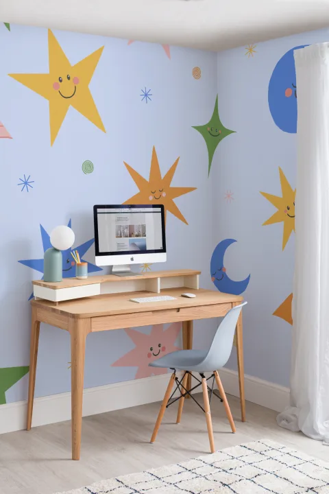 Diseño de murales de papel pintado con estrellas sonrientes celestiales azul cielo para peques