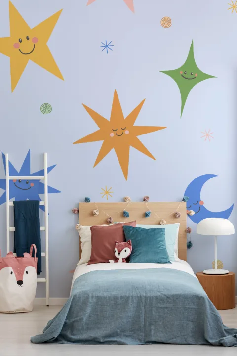 Kids' Sky Blue Celestial Smiley Stars Mural Design