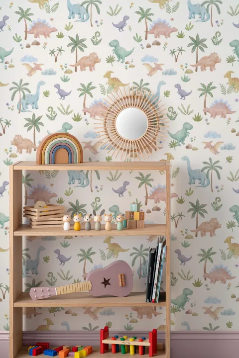 Mural infantil multicolor de dinosaurios para espacios llenos de diversión