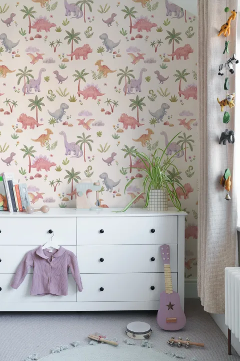 Murales de papel pintado de dinosaurios pastel multicolor para peques