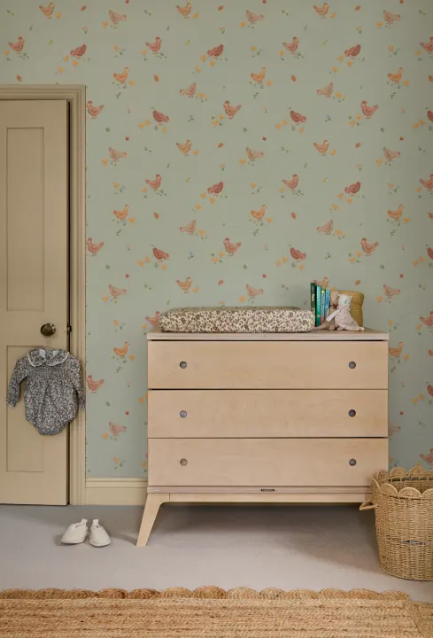 Papier peint panoramique enfant avec animaux de la ferme vert clair pour espaces ludiques
