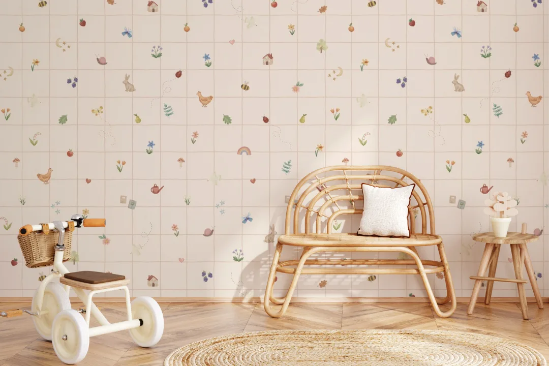 Murales de papel pintado infantil rosa multicolor con estampado de álbum de recortes