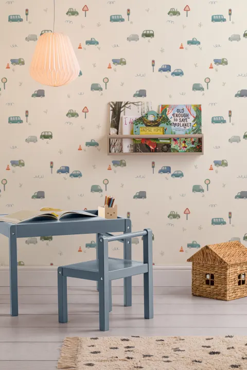 Blaue Abenteuer-Fototapete für verspielte Kinderzimmer