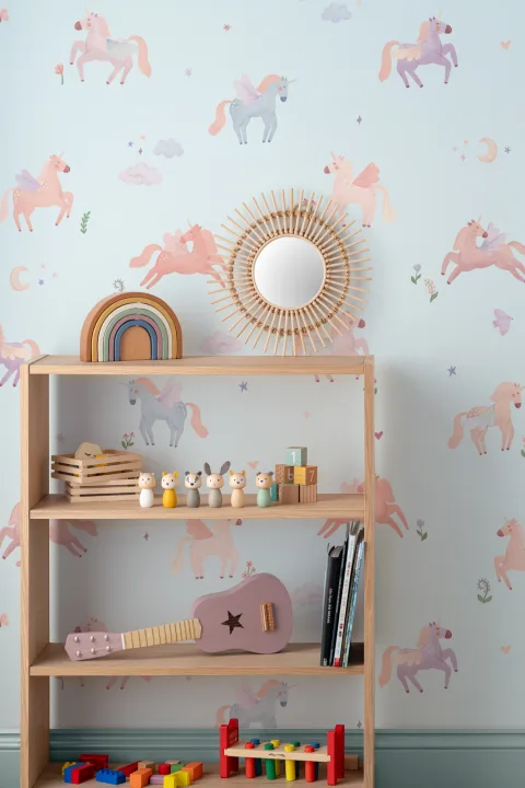 Verzauberte blaue Einhorn-Fantasie-Fototapete fürs Kinderzimmer