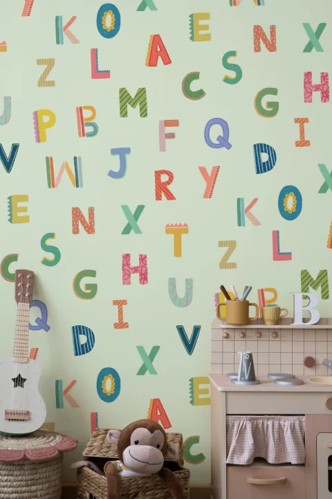 Green Colorful Kids Alphabet Wallpaper