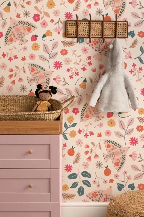 Pink Scandinavian Bird & Floral Motif Wallpaper
