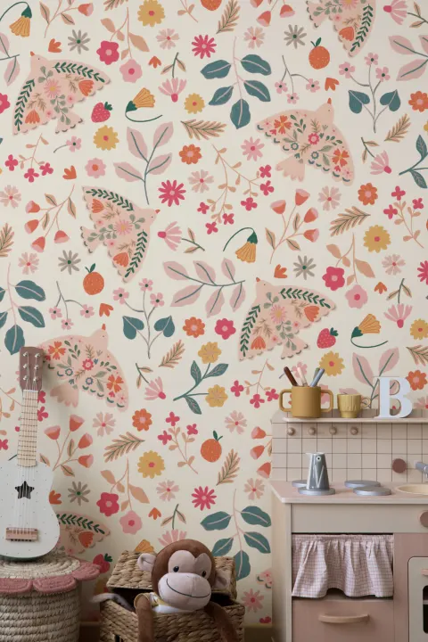 Pink Scandinavian Bird & Floral Motif Wallpaper