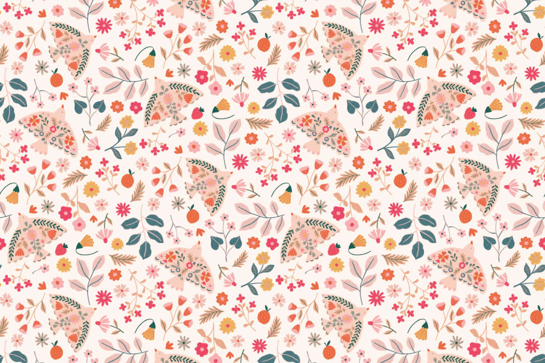 Pink Scandinavian Bird & Floral Motif Wallpaper