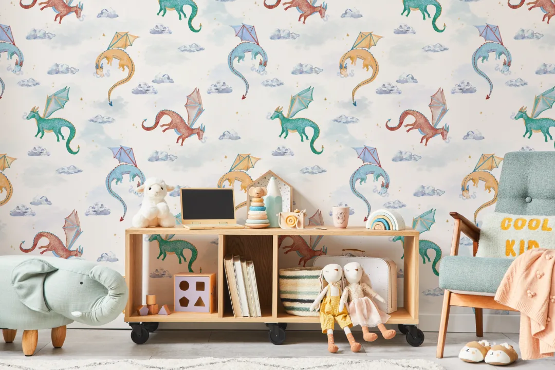 Papel Pintado Infantil Dragones Acuarela Blanca