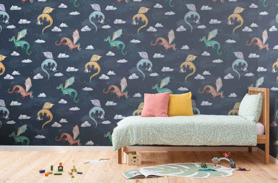 Kids Navy Starry Sky Dragons Wallpaper
