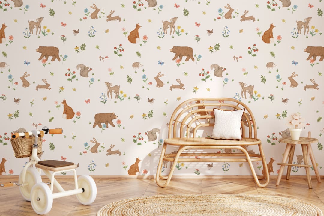 Mural de papel pintado Beige Kids Cute Woodland Animals