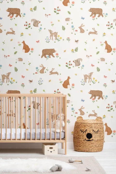 Beige Kinder niedlich Woodland Tiere Fototapete