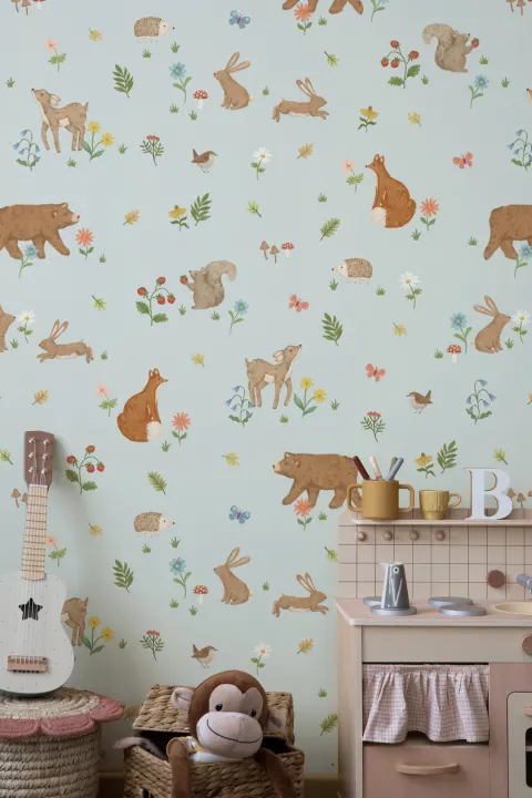 Blue Kids Cute Woodland Animals Mural
