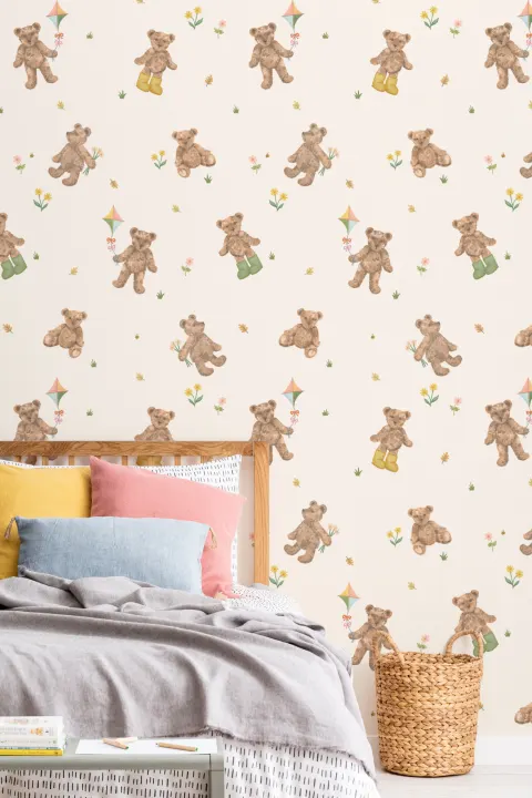 Papel pintado infantil con motivo de osito beige