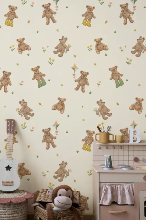 Beige Kids Cute Teddy Motif Wallpaper