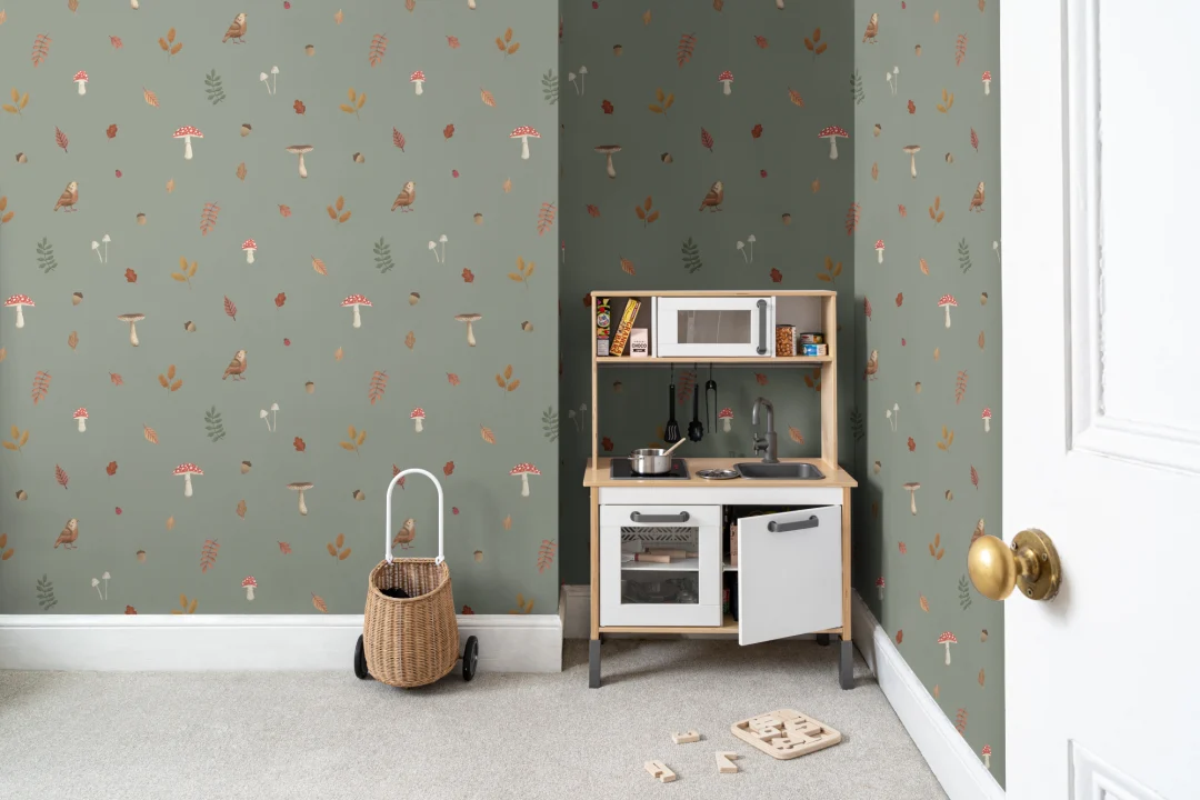 Kids Green Woodland Birds, Mushroom & Leaves Mural