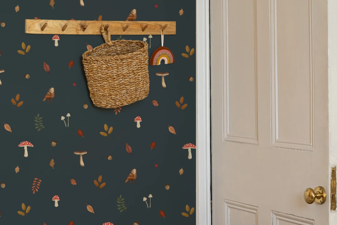Mural infantil Pájaros, setas y hojas del bosque azul