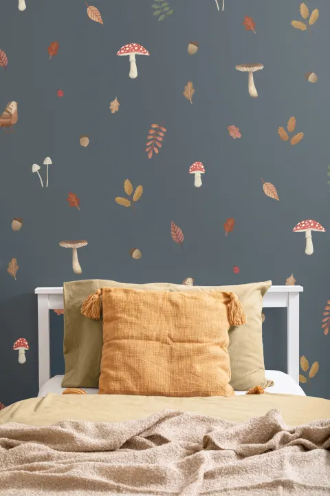 Kids Blue Woodland Birds, Mushroom & Leaves Mural