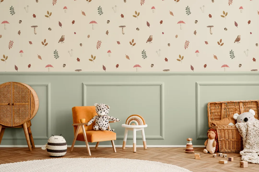 Kids Beige Woodland Birds, Mushroom & Leaves Mural