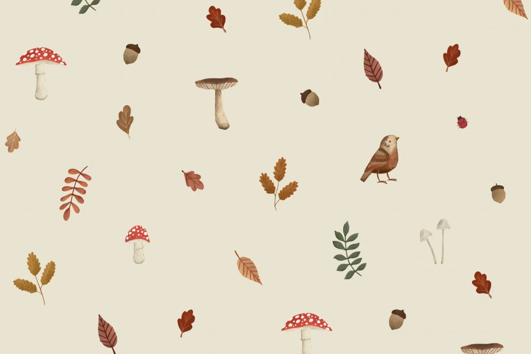 Kids Beige Woodland Birds, Mushroom & Leaves Mural