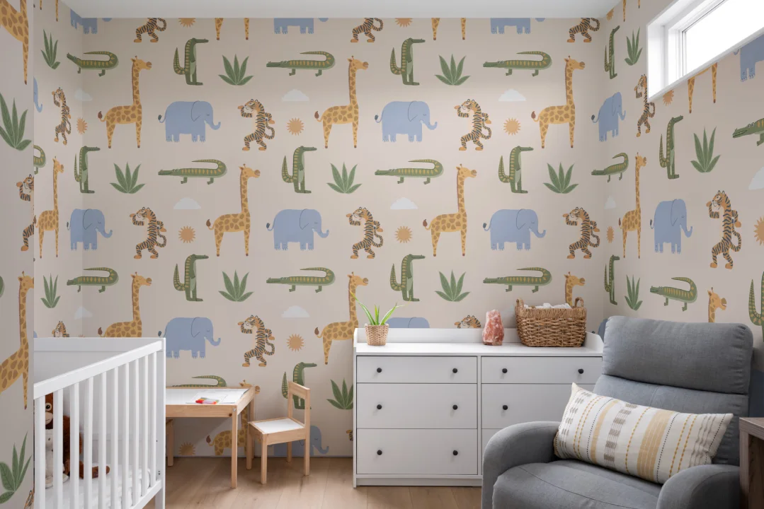 Mural infantil de animales de la jungla de color beige