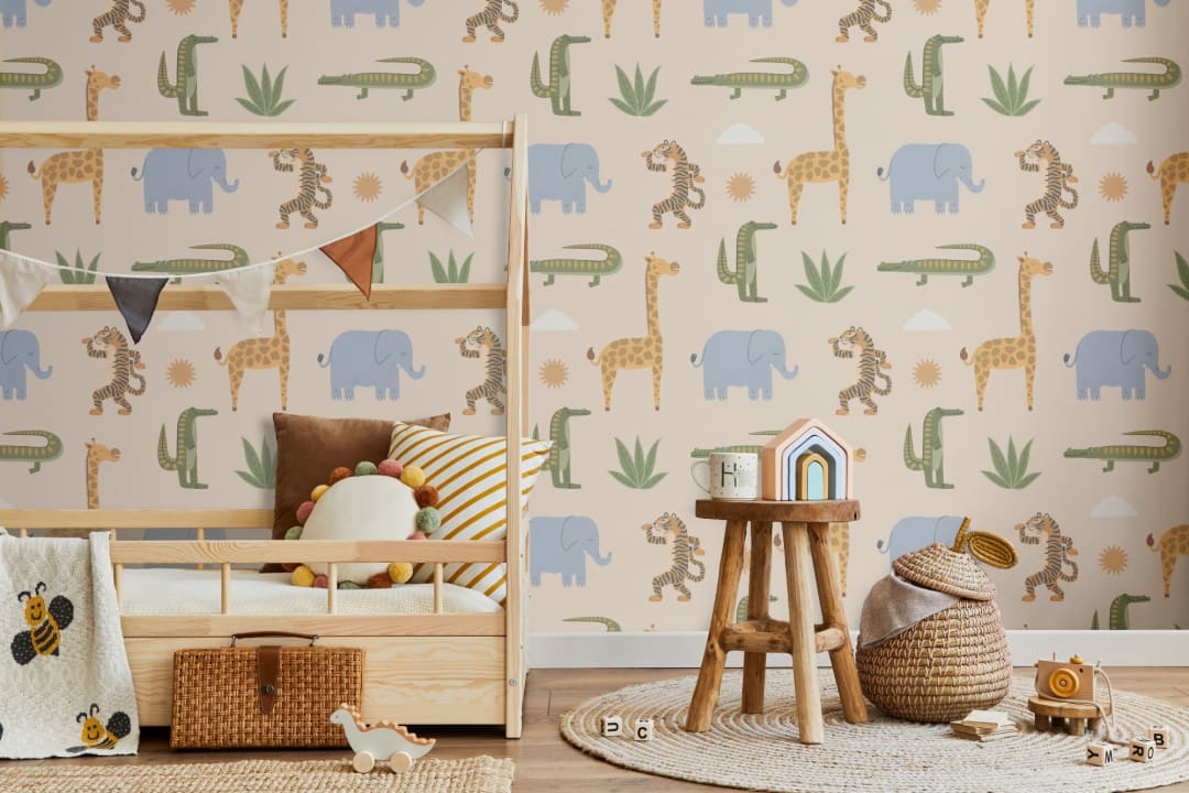 Beige Kids Playful Jungle Animals Mural