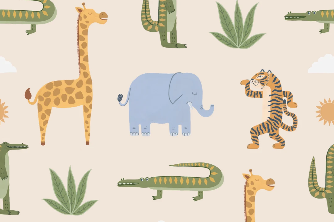 Mural infantil de animales de la jungla de color beige