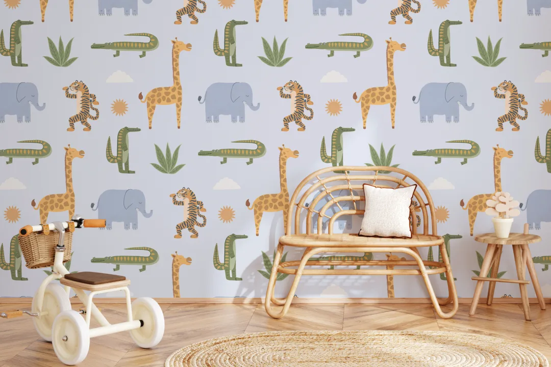 Mural de papel pintado Blue Kids Playful Jungle Animals