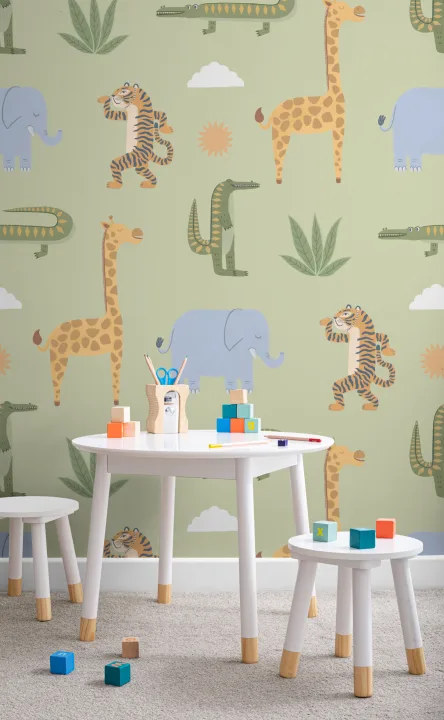 Green Kids Playful Jungle Animals Mural