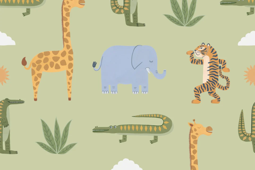 Mural de papel pintado Green Kids Playful Jungle Animals