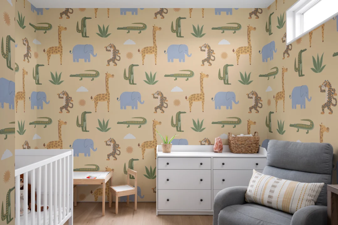Yellow Kids Playful Jungle Animals Mural