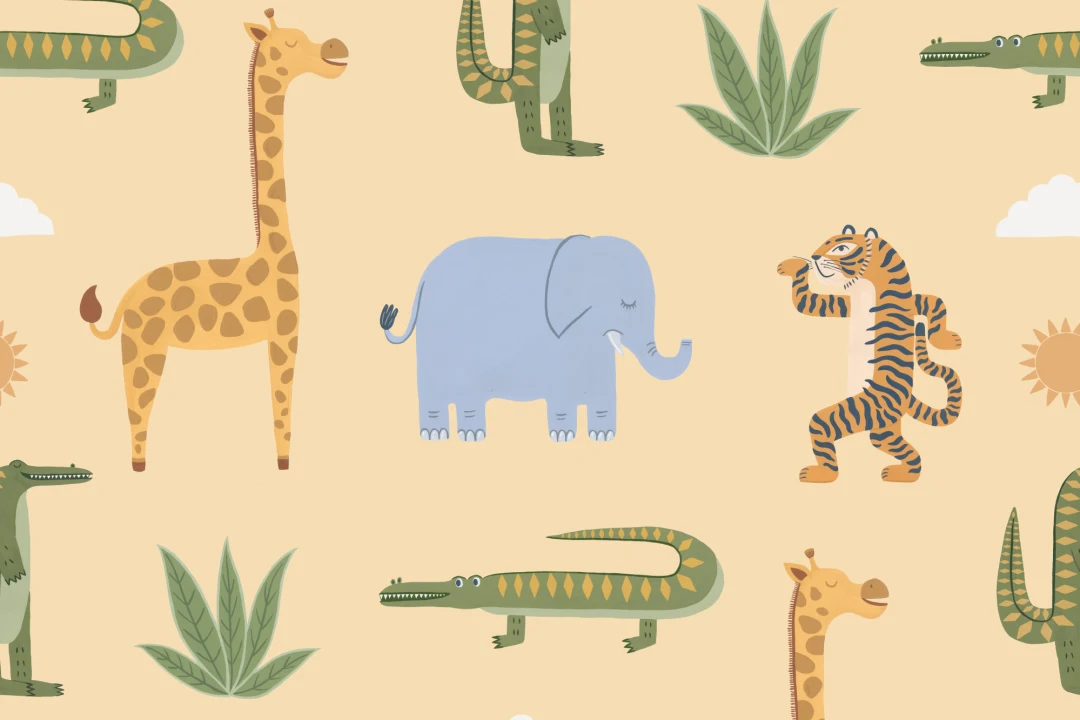 Yellow Kids Playful Jungle Animals Mural
